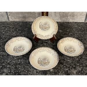 4 Vintage Monarch Currier & Ives Gold Filigree Winter Scene Round Fruit Bowls